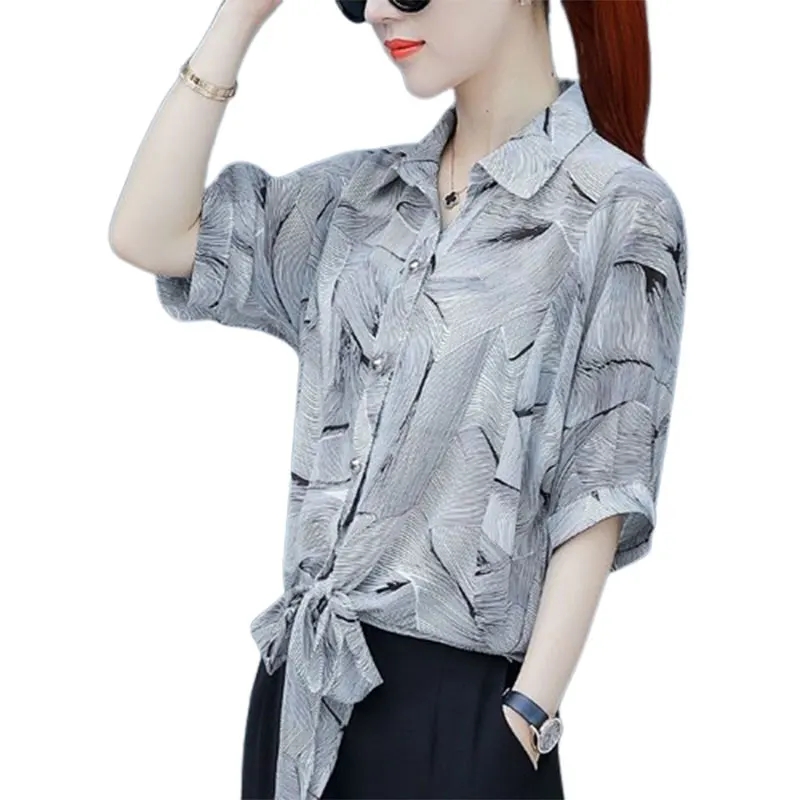 Elegant Fashion Harajuku Slim Fit Female Clothes Loose Casual All Match Tops Women Printed Button Cardigan Short Sleeve Blouse