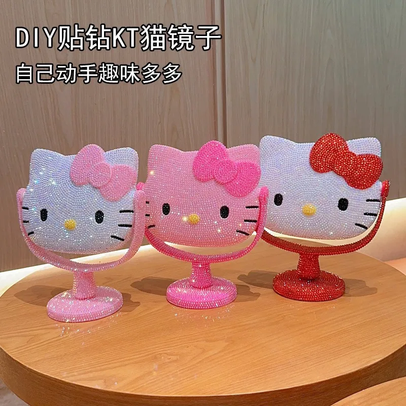 

Hello Kitty leopard print rhinestone mirror princess rotating desktop KT makeup mirror DIY material kit handmade gift