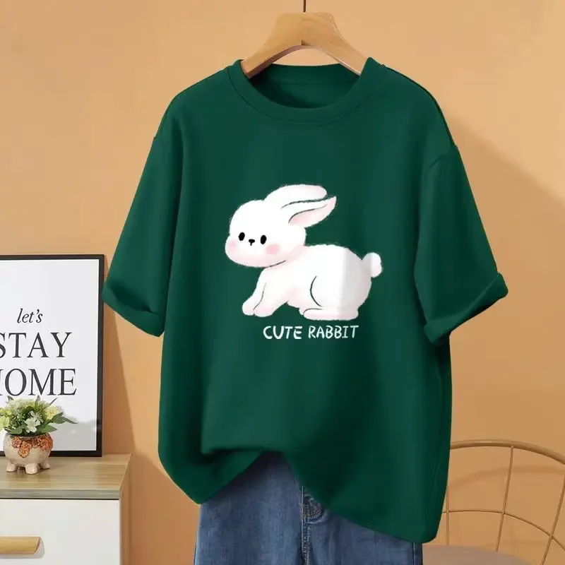 

Women Summer Sweet Casual Rabbit Printed T-shirt Vintage Loose Y2k Chic Short Sleeve O-neck Top Pullovers