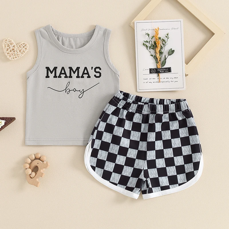 2024-03-13 Lioraitiin Toddler Boys Summer Outfit Letter Print Sleeveless Tank Tops Elastic Waist Checkerboard Shorts Clothes Set