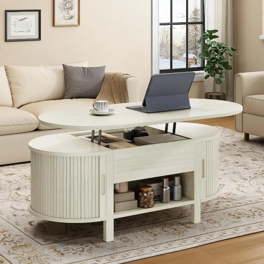 43.3 Oval Lift Top Fluted Coffee Table with Sliding Door for living room, wood veneer, walnut brown, hidden storage and smooth