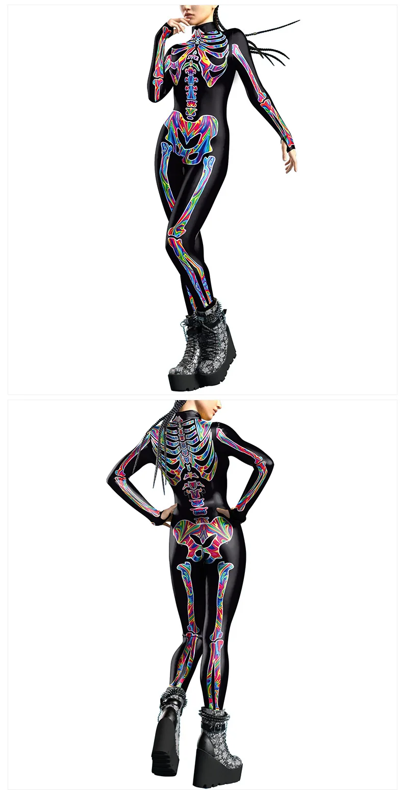 Karneval Halloween Party Fluoreszierender Skelett-Druck Damen Sexy Jumpsuit Cosplay Kostüme Ausgefallener Totenkopf-Bodysuit Mujer 2026 – Detail 17