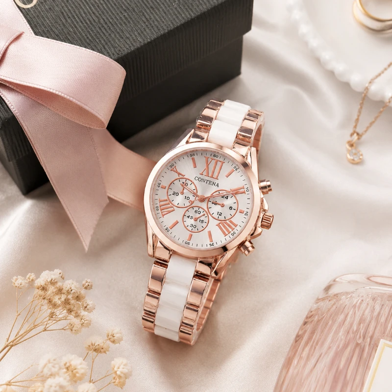 CONTENA Luxury Women's Quartz Watch Fashion Two Tone Stainless Steel Band Chronograph Ladies Wristwatch Clock Gift Reloj Mujer