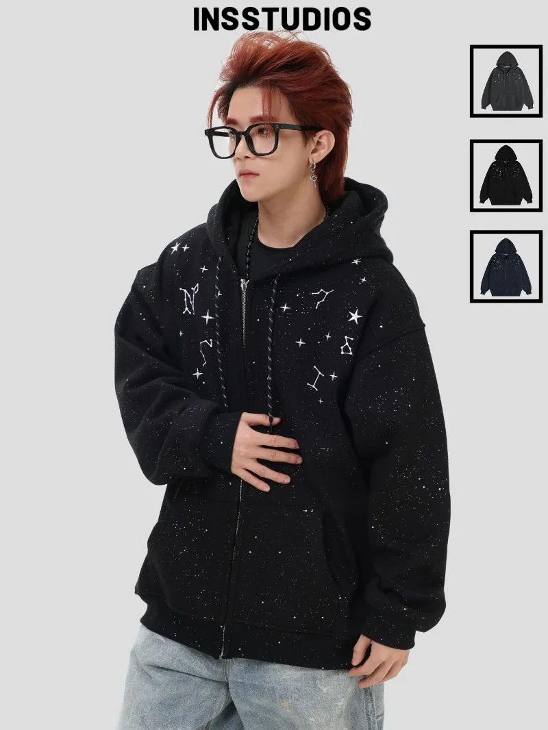 American Retro Fashion Trend Heavy Craft Starry Sky Hooded Sweatshirt Fleece Lined Warm Zipper Cardigan Jacket for Men