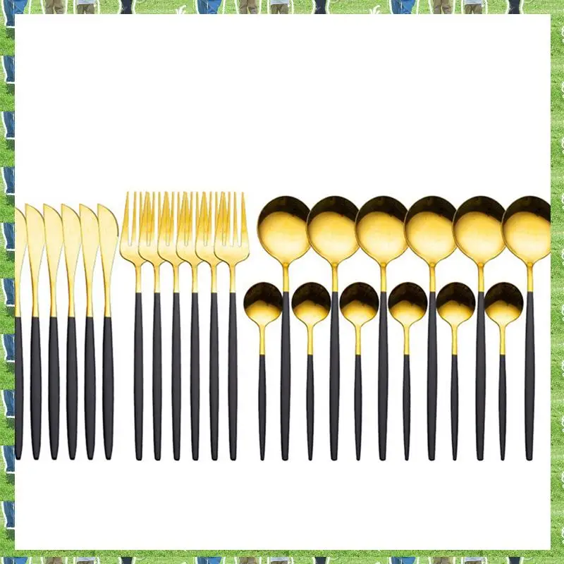 

FTS 24Pcs Stainless Steel Dinnerware Set Cutlery Spoon Fork Knife Western Cutleri Silverware Flatware Durable ,Black-Gold
