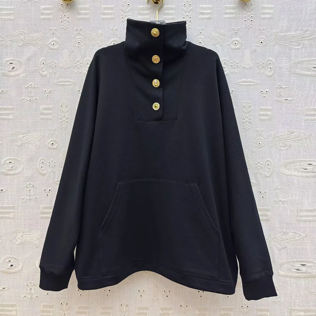 

2025 New Spring Fashion Streetwear Loose Casual Sweatshirt Women Turtleneck Gold Buttons Back Embroidery Vintage Hoodie Pullover