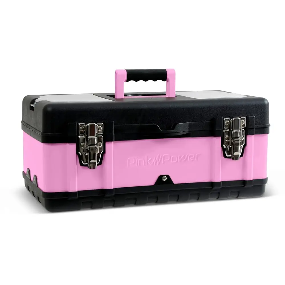 

Pink Tool Box For Women - 18"" Small Metal & Plastic Portable Lightweight Locking Empty Toolbox Chest - Craft Tote Storage Case