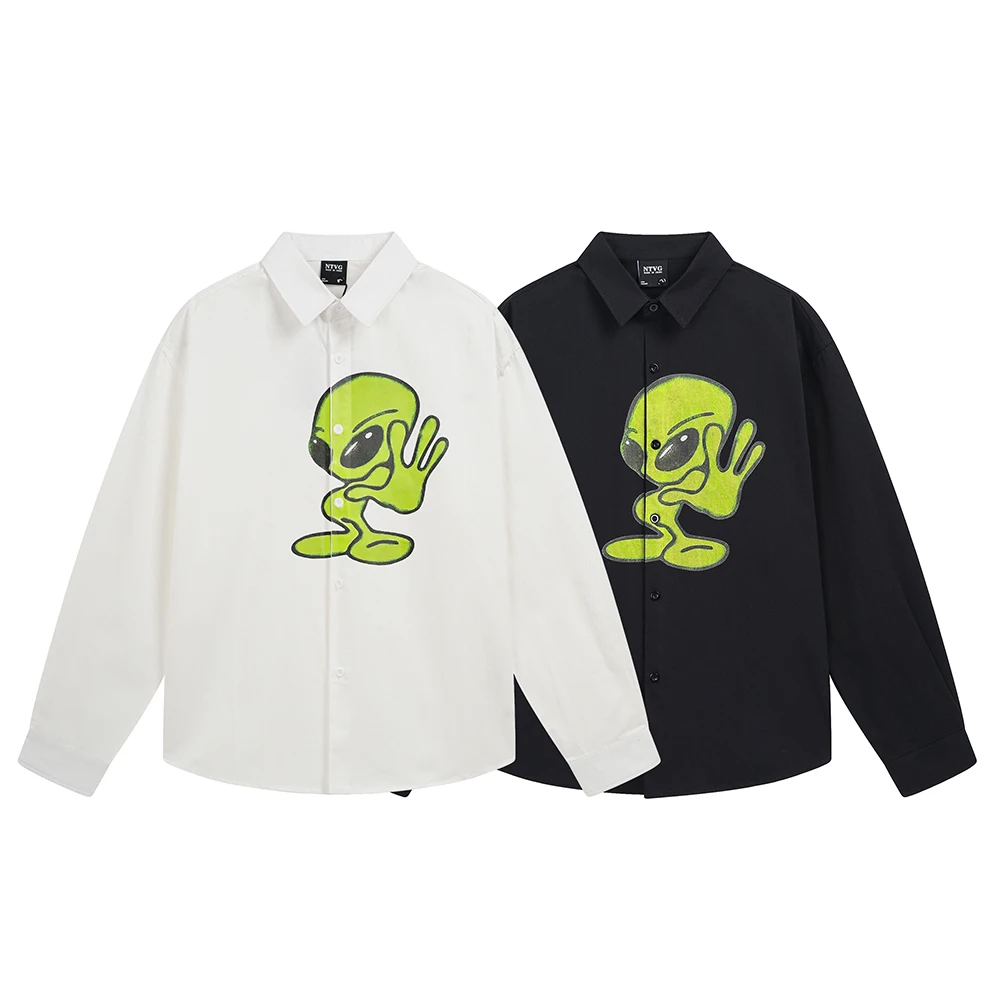 

Cartoon Print Casual Men's Shirts Oversized Long Sleeve Tops Y2k Street Korean Fashion Japan Style Cotton Retro Designer Clothes