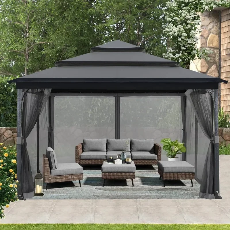 

Outdoor Gazebo for Patios with -Tier Roof Canopy Gazebo with Mosquito Netting