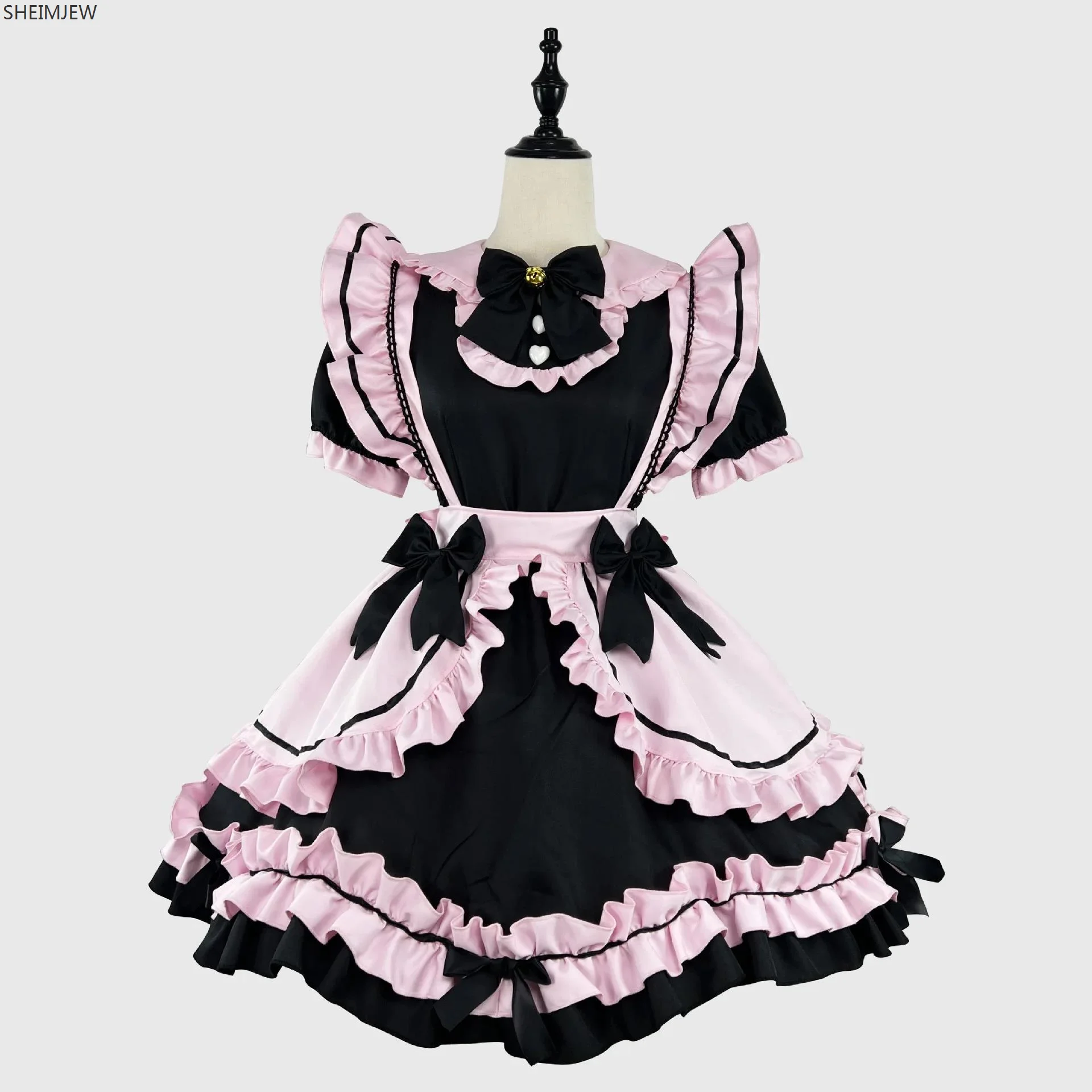 French Cute Black Pink Lolita Dress Kawaii Maid Costume Cosplay Sweet Girl Cat Bow Temptation Uniform Birthday Party Stage Dress