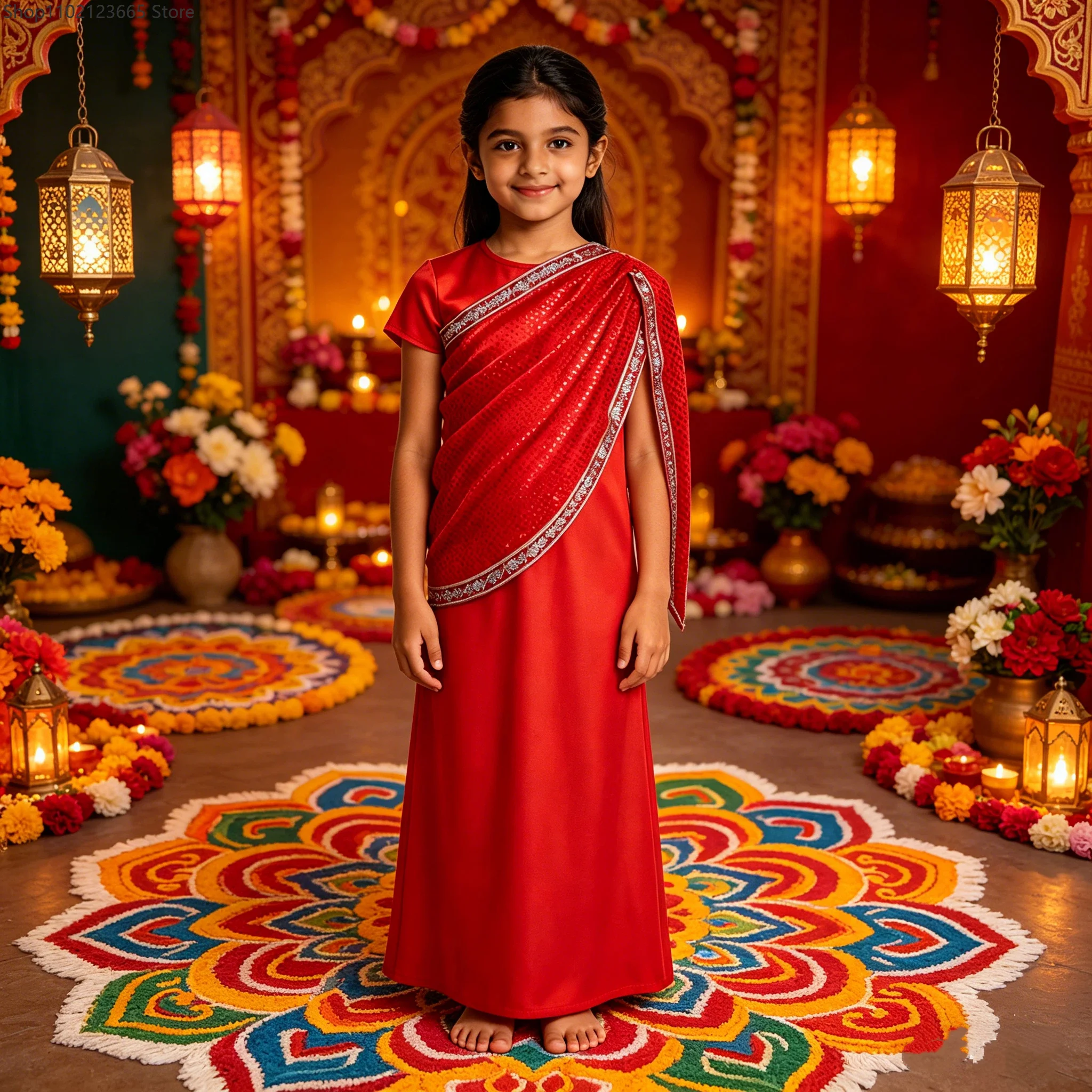 

Enfant Red Indian Traditional Saris Dress Halloween Chicas' Sequined Ethnic Dress Festival Stage Dance Performance Costume 2026