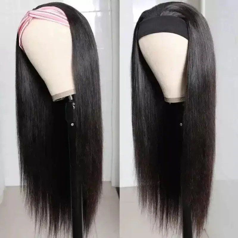 Black Headband Wig Long Straight Synthetic Hair, Fashion Wrap Around Hair Wig Natural Looking Full Head Wig for Women Daily Wear