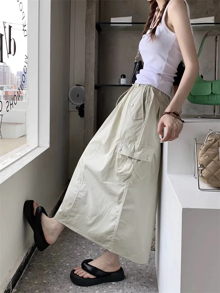 New Cargo Skirts for Women Y2k Long Skirts Elastic Waist Autumn Summer Drawstring Girls Full Length Skirt Black Wholesale