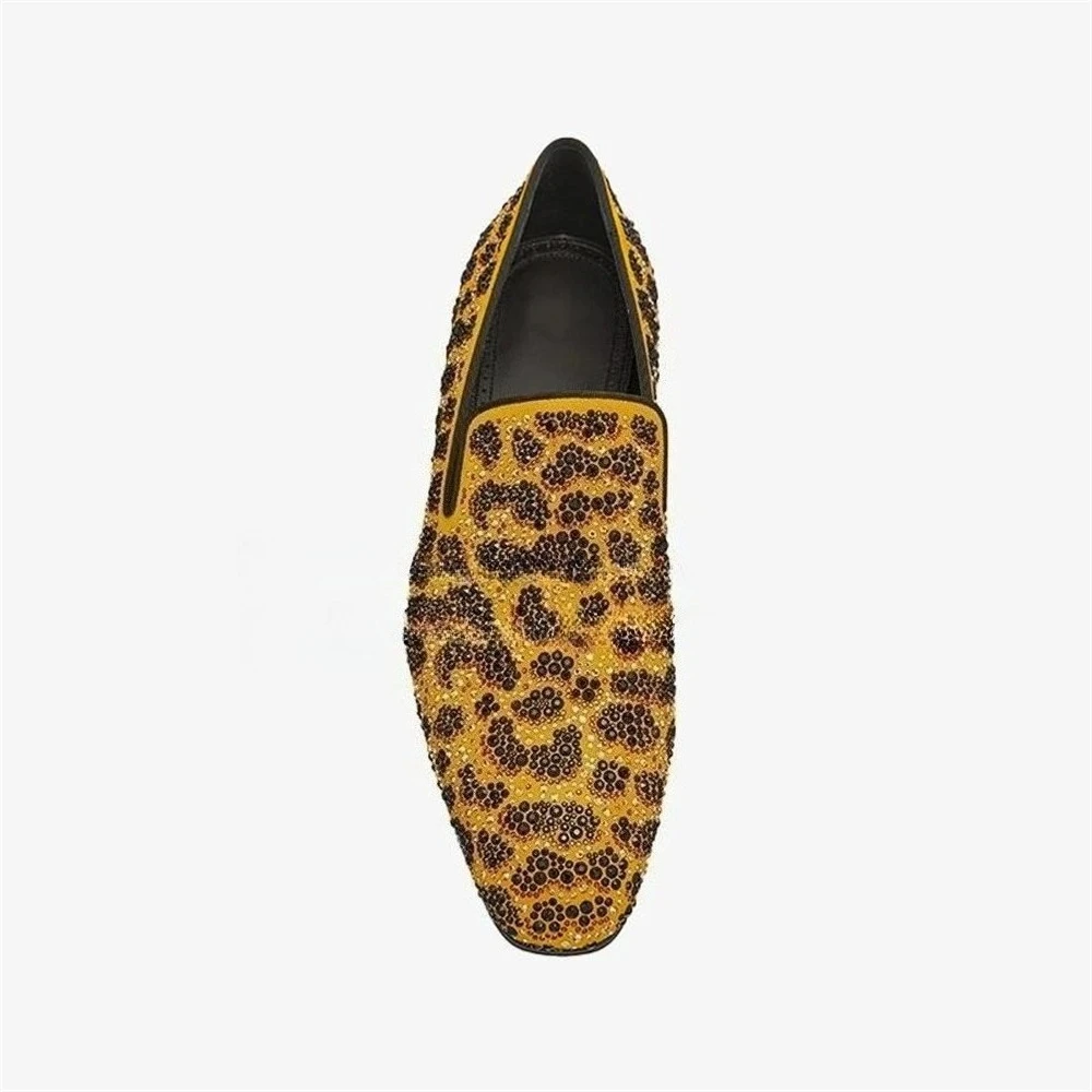 Crystal Embellished Yellow Leopard Loafers Men Round Toe Slip on Dress Shoes Handmade Wedding Business Gentlemen Formal Shoes