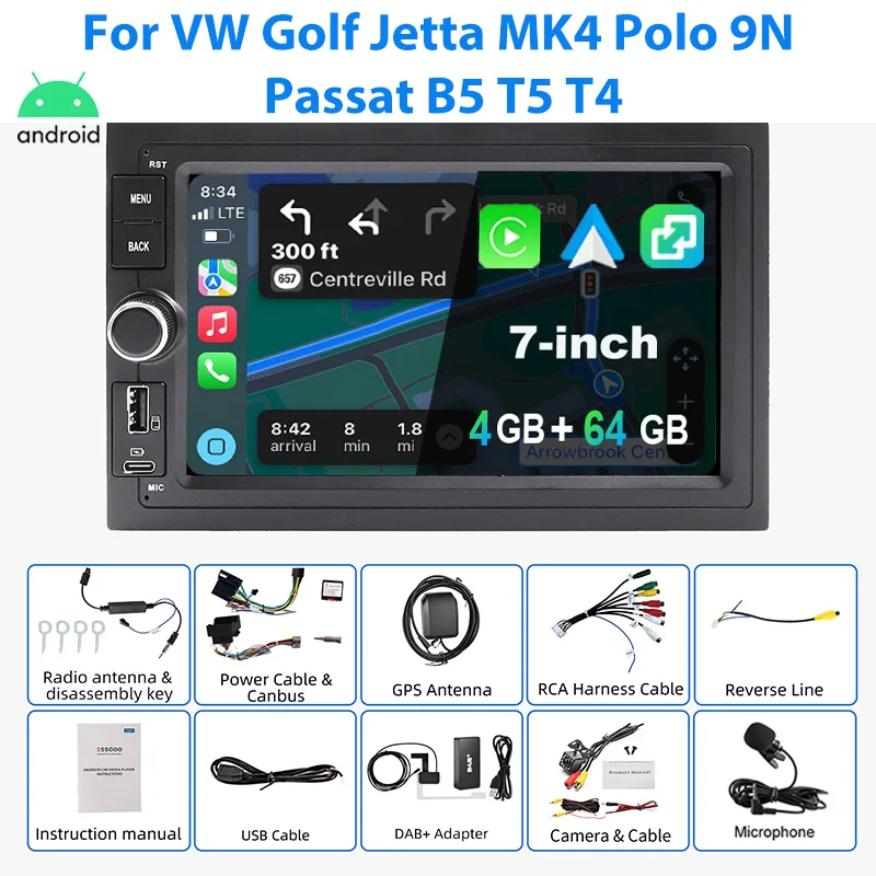 ESSGOO Autoradio Android15 7" 4+64G/2+64G für VW Golf Jetta MK4 Polo 9N Passat B5 T5 T4 SEAT SKODA Wireless CarPlay GPS Navigation Android Auto RDS FM Bluetooth Mirror Link Touchscreen