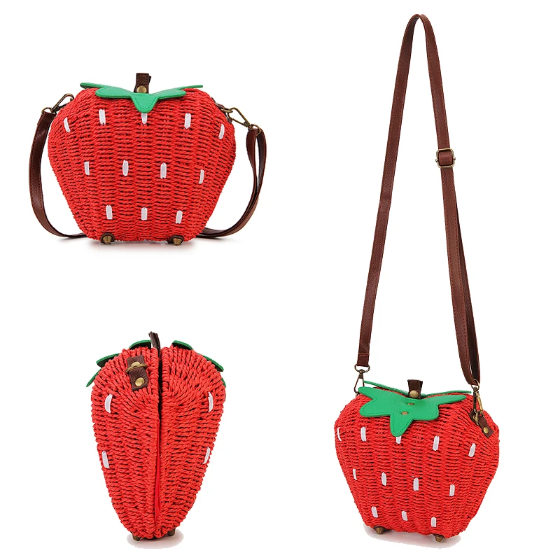 Cute Straw Strawberry Shoulder Bags for Women Summer Fruit Shape Beach Purses and Handbags Ladies Clutch Bag Weave Crossbody Bag