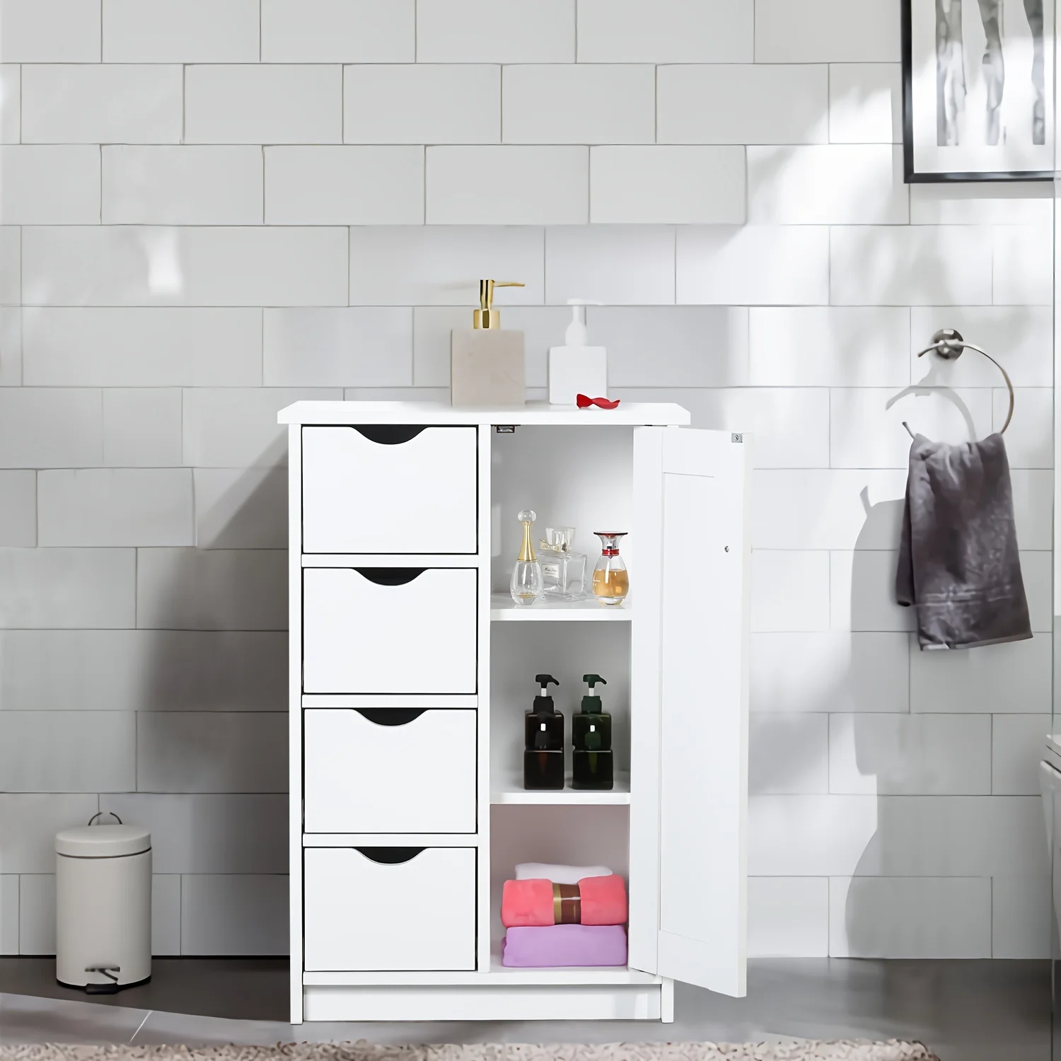 

Modern Minimalist Bathroom Furniture Wooden Independent Storage Cabinet with 1 Door 4 Drawers Suitable for Bathroom White