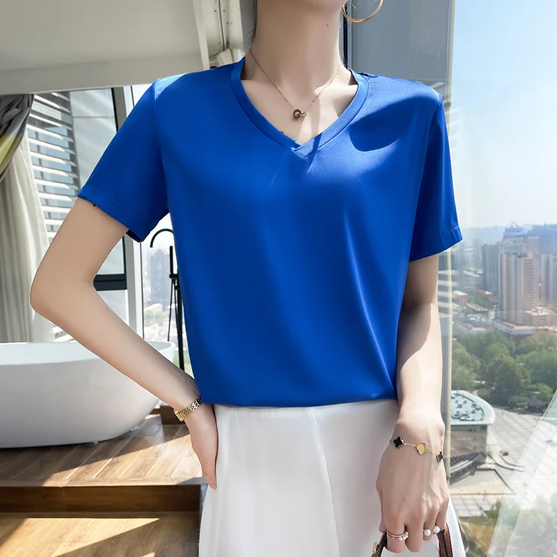 Summer New Short-Sleeved Satin T-Shirt Women Loose Stack V-Neck Acetic Acid Suit With Temperament Coat Inside And Outside