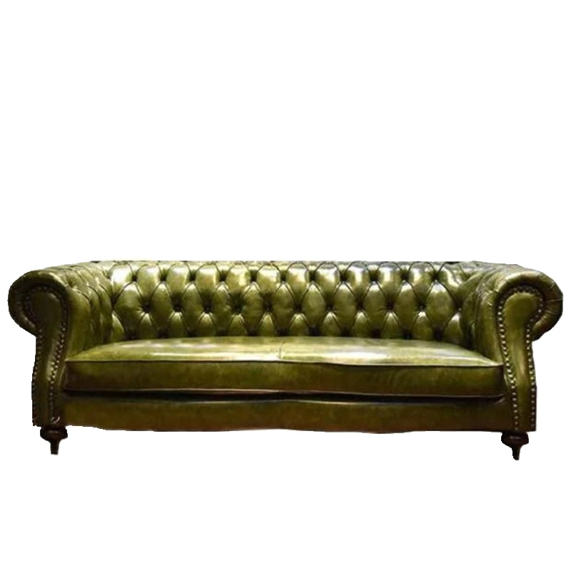 Light luxury leather sofa green pull button, small apartment living room leisure three-person sofa