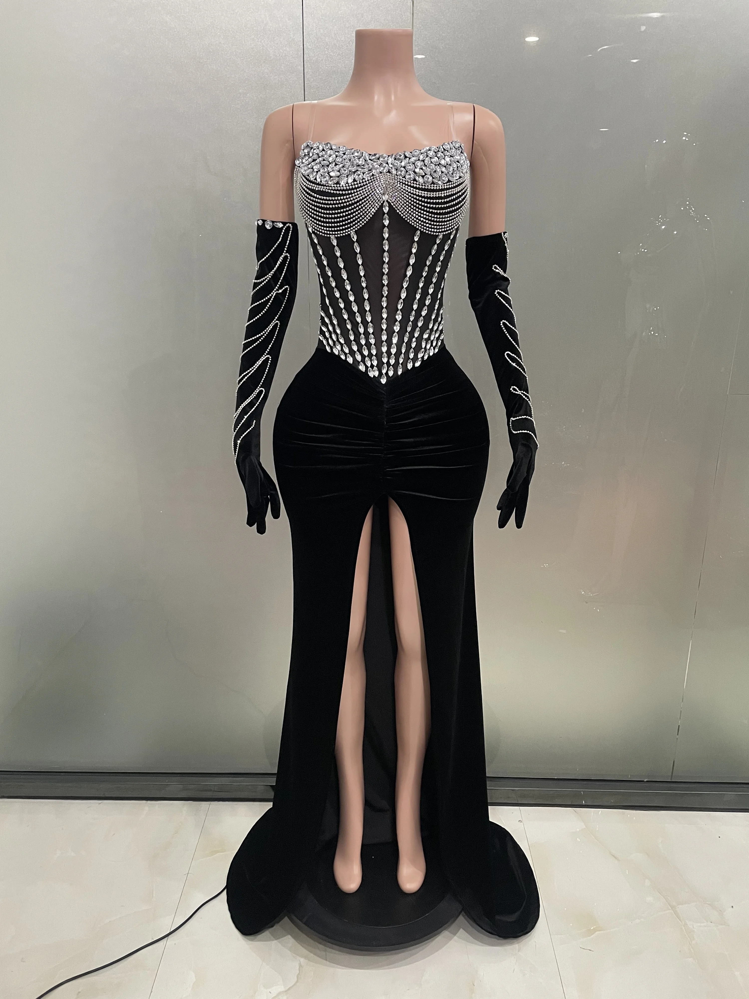 Stock Sparkly Rhinestones Mesh Sexy Split Velvet Gloves Long Dress 2025 Women Birthday Celebrate Wedding Stage Photo Shoot Wear