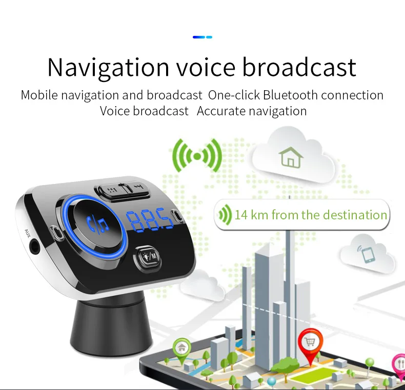 Portable FM Transmitter -enabled Super Fast Charging Supports SD Card TF Card USB Cigarette Lighter WAV/MP3 1 Year