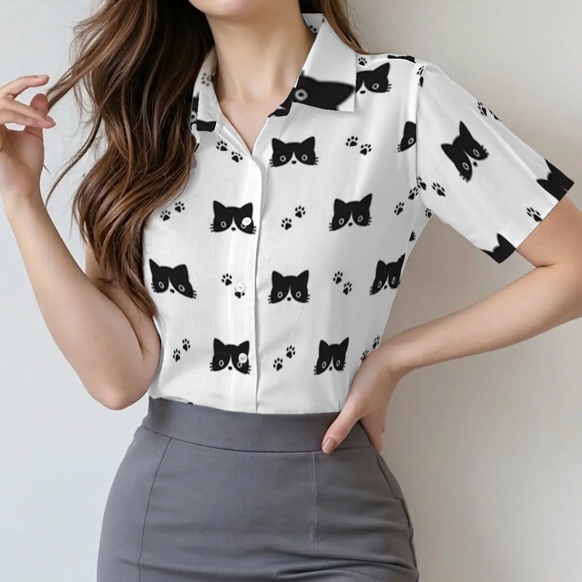 

Simple and personalized cat printed women's short sleeved lapel shirt, summer fashion, daily versatile casual top
