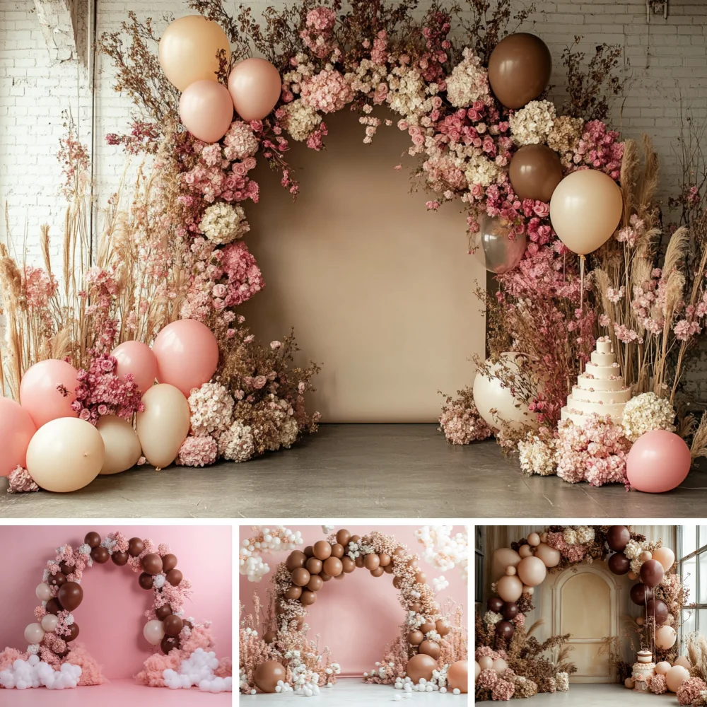 White Pink Arch Balloon With Flowers Photography Backdrop Kids Adult Portrait Props Baby Girl Birthday Photocall Backgrounds