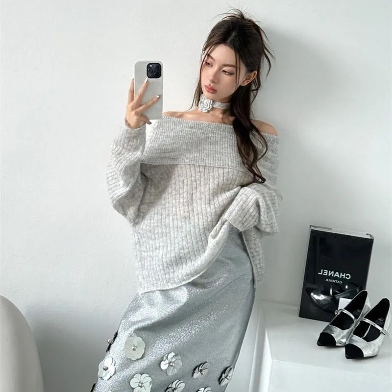 Pullover lavorati a maglia donna Slash Neck Off spalla autunno Solid coreano Trendy Pullover top Sweet Hot Girls Office Lady Streetwear