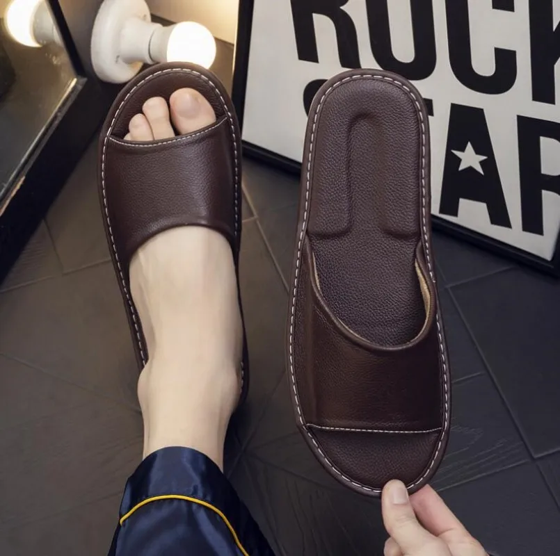 Big sizes Genuine Cow Leather Slippers Homes in indoor slipper summer open toe sandals men women elderly casual Slides shoes