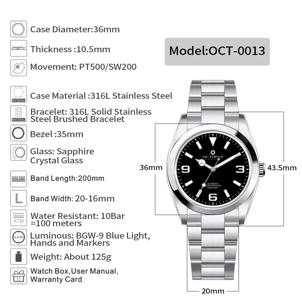 Octopus Kraken 2025 New Men\'s Automatic Mechanical Watch PT5000 36mm Sapphire Glass Stainless Steel BGW-9 Luminous Reloj Hombre