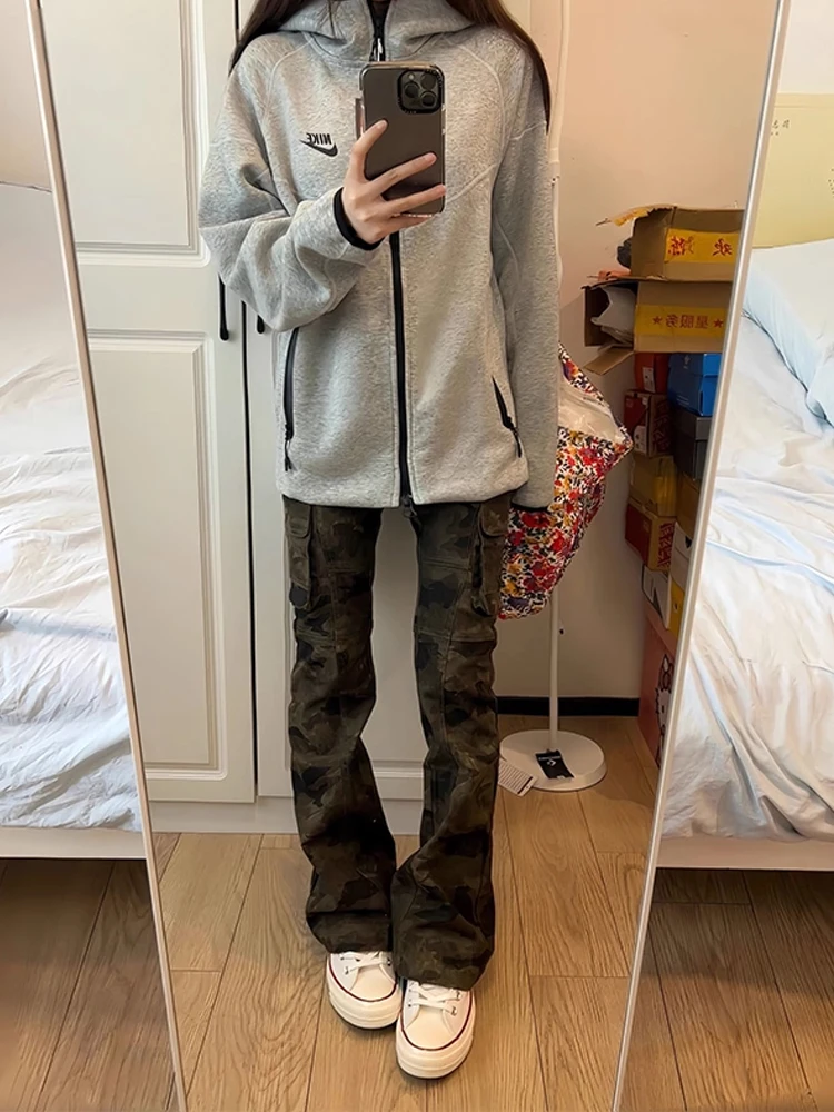 Calças Jeans Masculinas Slim Straight Leg Estilo Camuflado Retrô Americano, Calças Flare de Alta Moda Casual