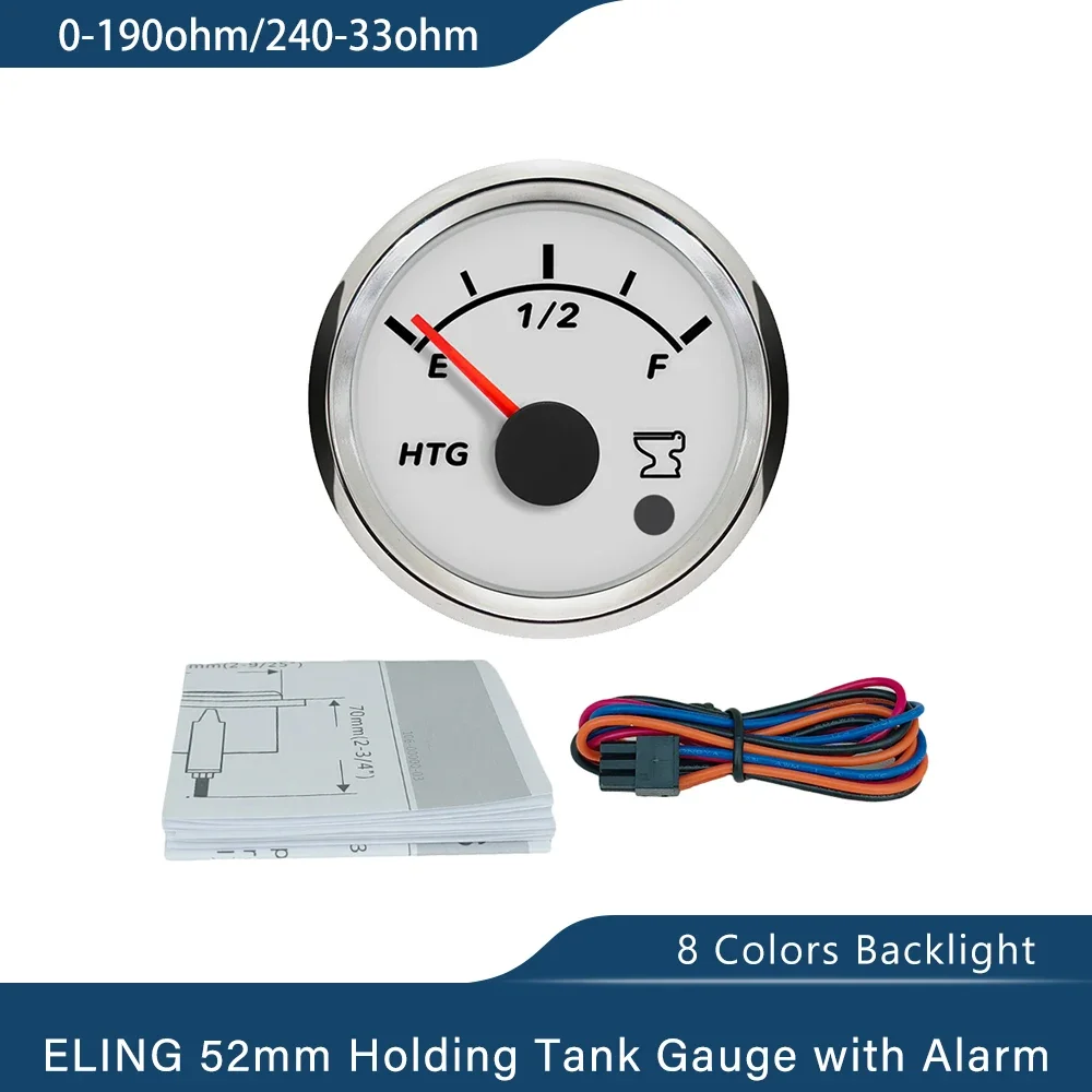 

ELING Waterproof 52mm Holding Tank Level Gauge Meter 0-190ohm 240-33ohm with 8 Colors Backlight and Alarm for RV Yacht Van