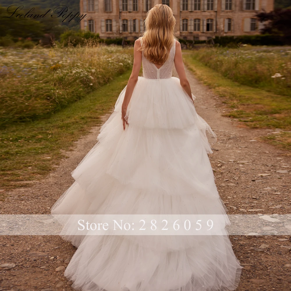 Lceland Poppy Customized A Line Tiered V Neck Tulle Wedding Dresses Pearls Beaded High Low Bridal Gowns with Court Train