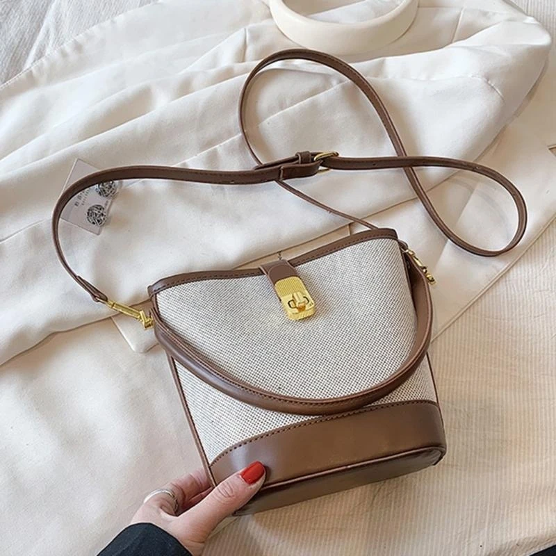 G5AE Vintage PU Leather Spliced Shoulder Bucket Bag Casual Crossbody Bag for Women