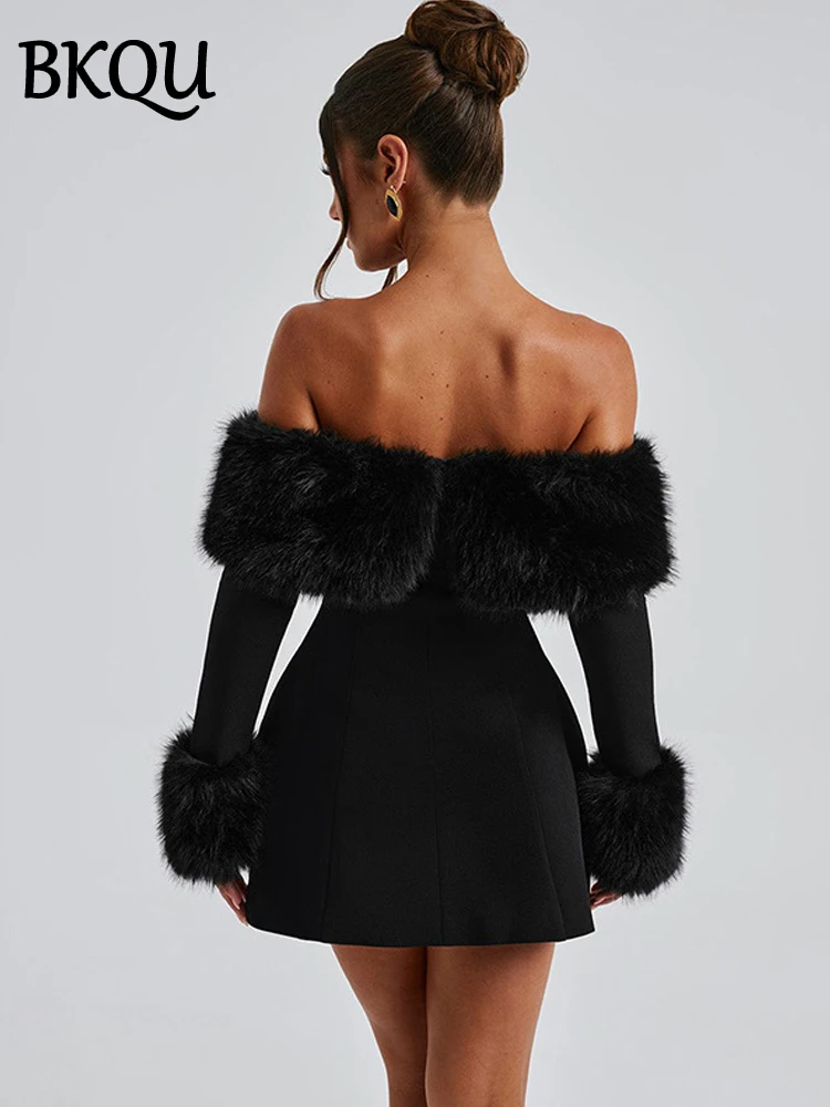 BKQU Strapless Fluffy Patchwork Mini Dress Women Fashion Off Shoulder Long Sleeve Slim A-Line Dresses Ladies Evening Party Gown