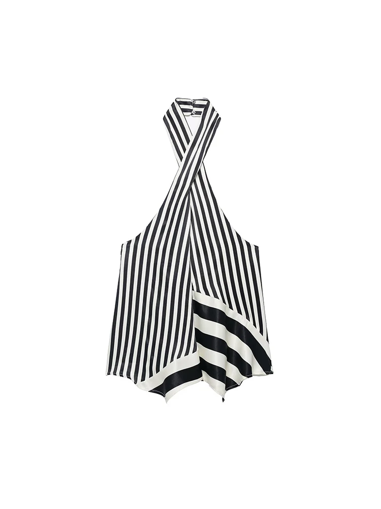TFMLN 2026 Women's Stripe Halter Top Pant Set Sleeveless Backless Cross Neck Vest Wide Lag Pants Contrast Color Lady Suits - view 5