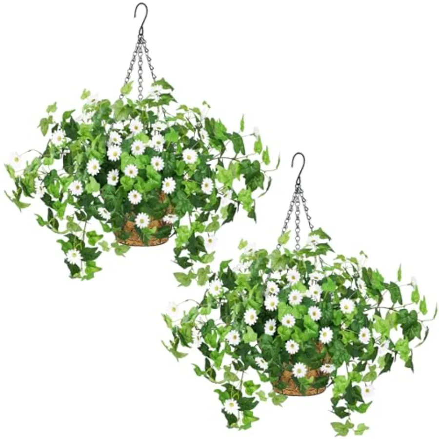 

2 Pack Artificial Hanging Flowers with Baskets for Outdoors UV Resistant Fake Ivy Plants Greenery Faux Silk Daisy Flowers for O