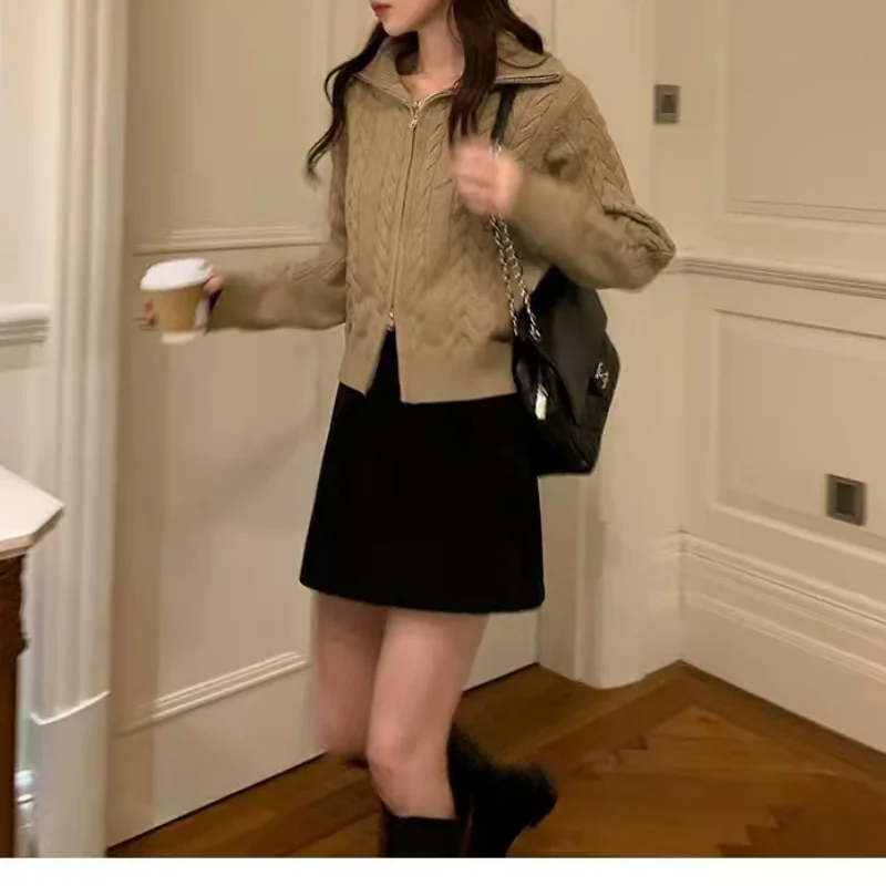 Cardigan 100% laine pour femme, Double fermeture éclair, col rabattu, couche extérieure, manteau épais en cachemire, nouvelle collection automne/hiver