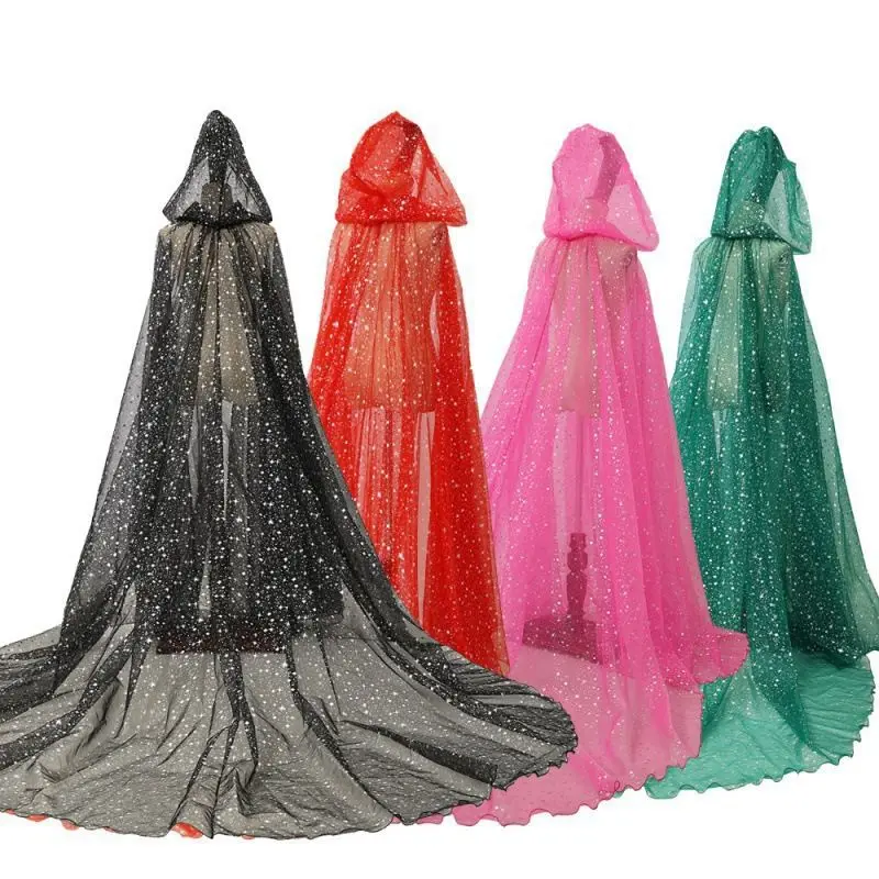 

Stage Performance Costume Style Shiny Hot Stamping Hooded Cloak Halloween Cloak with Big Tail Black Green Red Pink