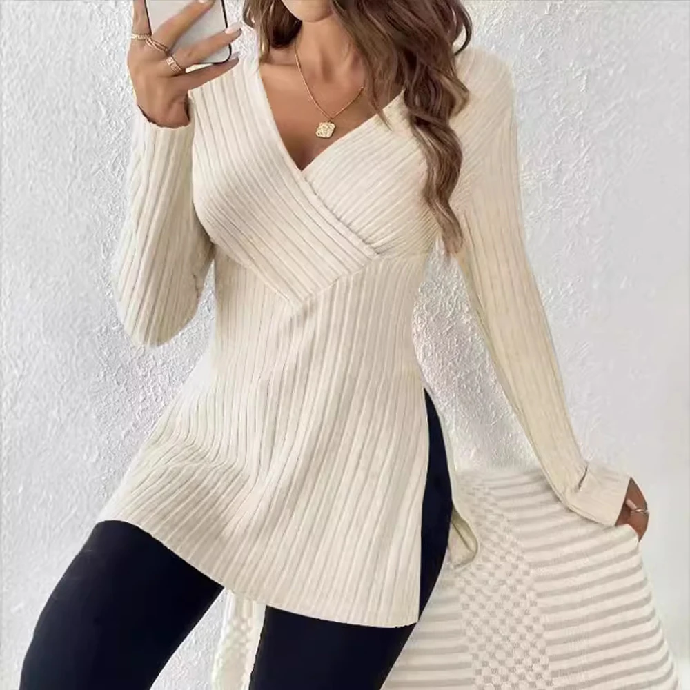 

Women's Autumn and Winter New Long-sleeved Solid Color Slit V-neck Casual Home Pit Strip warmth Comfortable Top