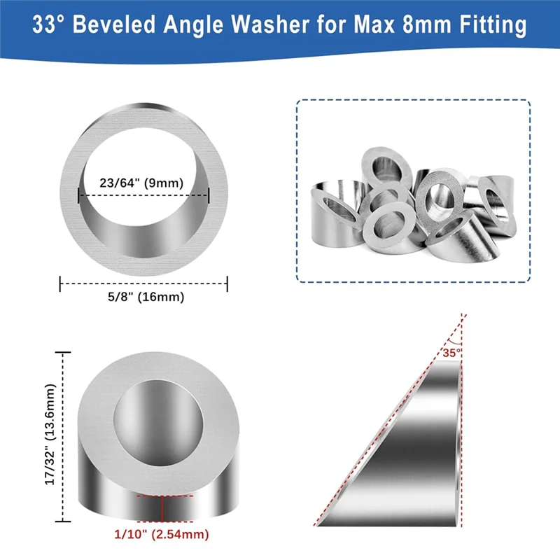 A26I-33 °   Rondelle angolari smussate da 9 mm, per kit hardware per ringhiere per cavi da 8 mm, per pali terminali in metallo, legno e alluminio, fai da te, Durab