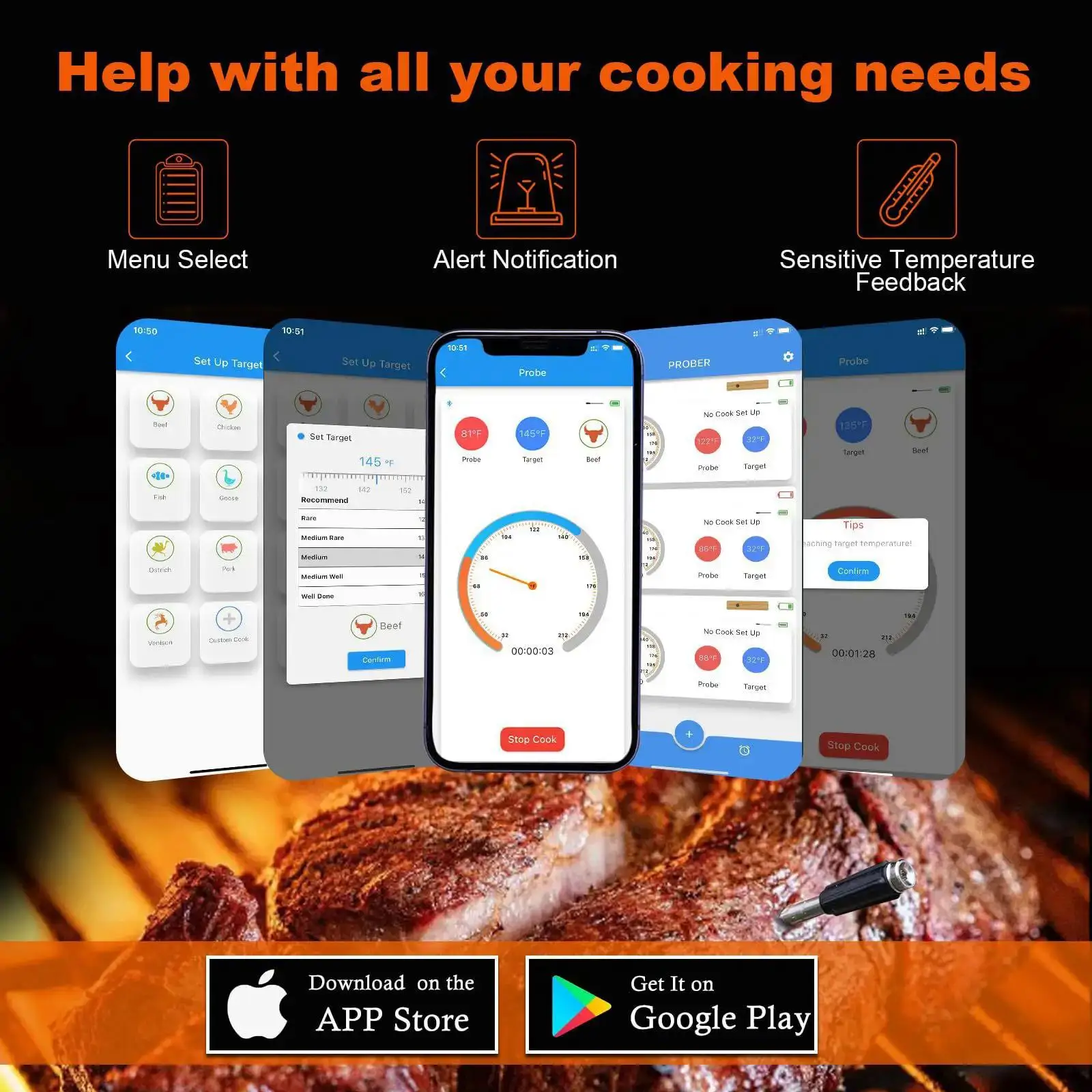 Smart Wireless Bluetooth Meat Food Thermometer Grill Waterproof Probe APP Controlled for BBQ Baking Outdoor Cooking Steak Oven - Image 6