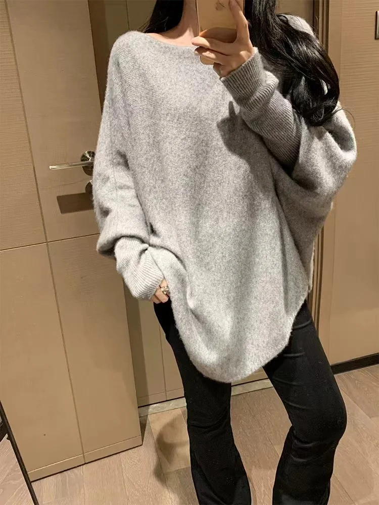 Women 100% Wool Sweater Casual Pullovers Autumn Winter Basics Knitted Loose One character collar Batwing Sleeve Female Clothing