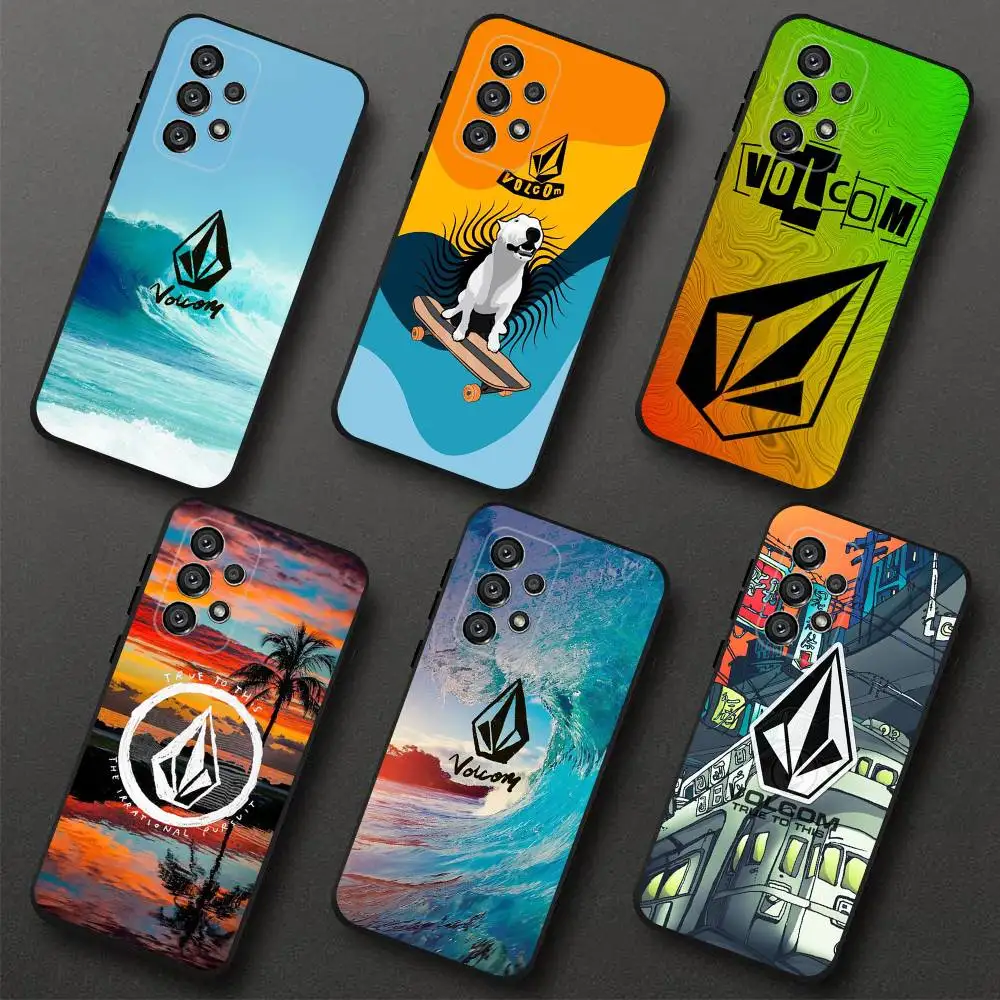 Moda v-volcom esporte estilo caso de telefone para samsung s 25,24,23,22,30,21,10,9,ultra,plus,lite,fe,4,5g preto caso macio