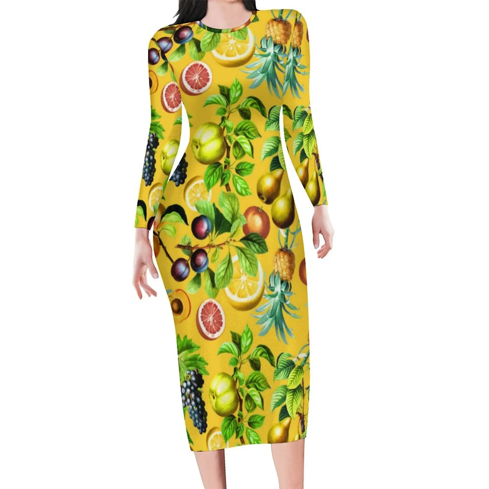 Tropical Fruit Print Dress Long Sleeve Pineapple Lemon Aesthetic Dresses Autumn Bodycon Dress Woman Graphic Oversized Vestidos