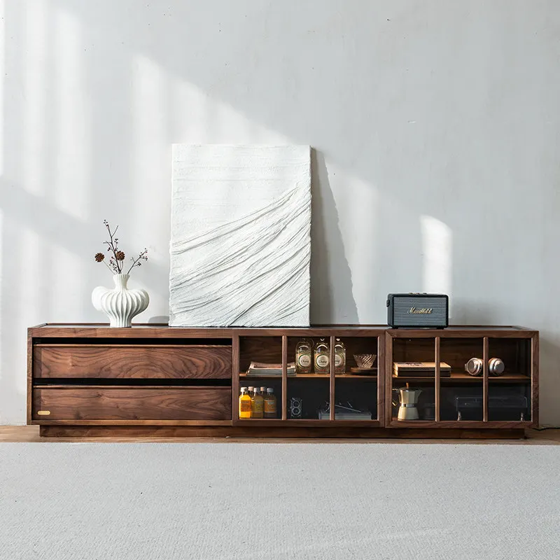 Black walnut solid wood TV cabinet simple living room household floor-to-ceiling