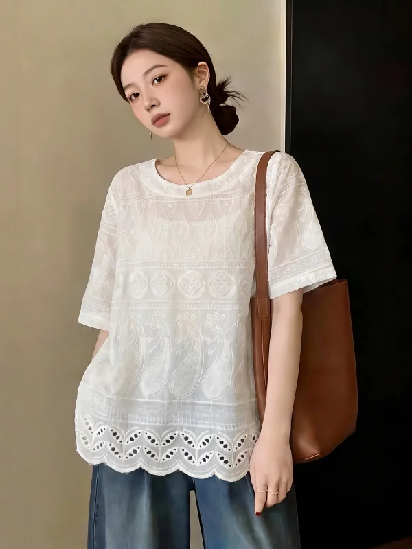 

Lace Hollow out Short Sleeve T-Shirt Women's Loose Fashionable Casual Top Korean Style round Neck Big Size Summer New Arrival