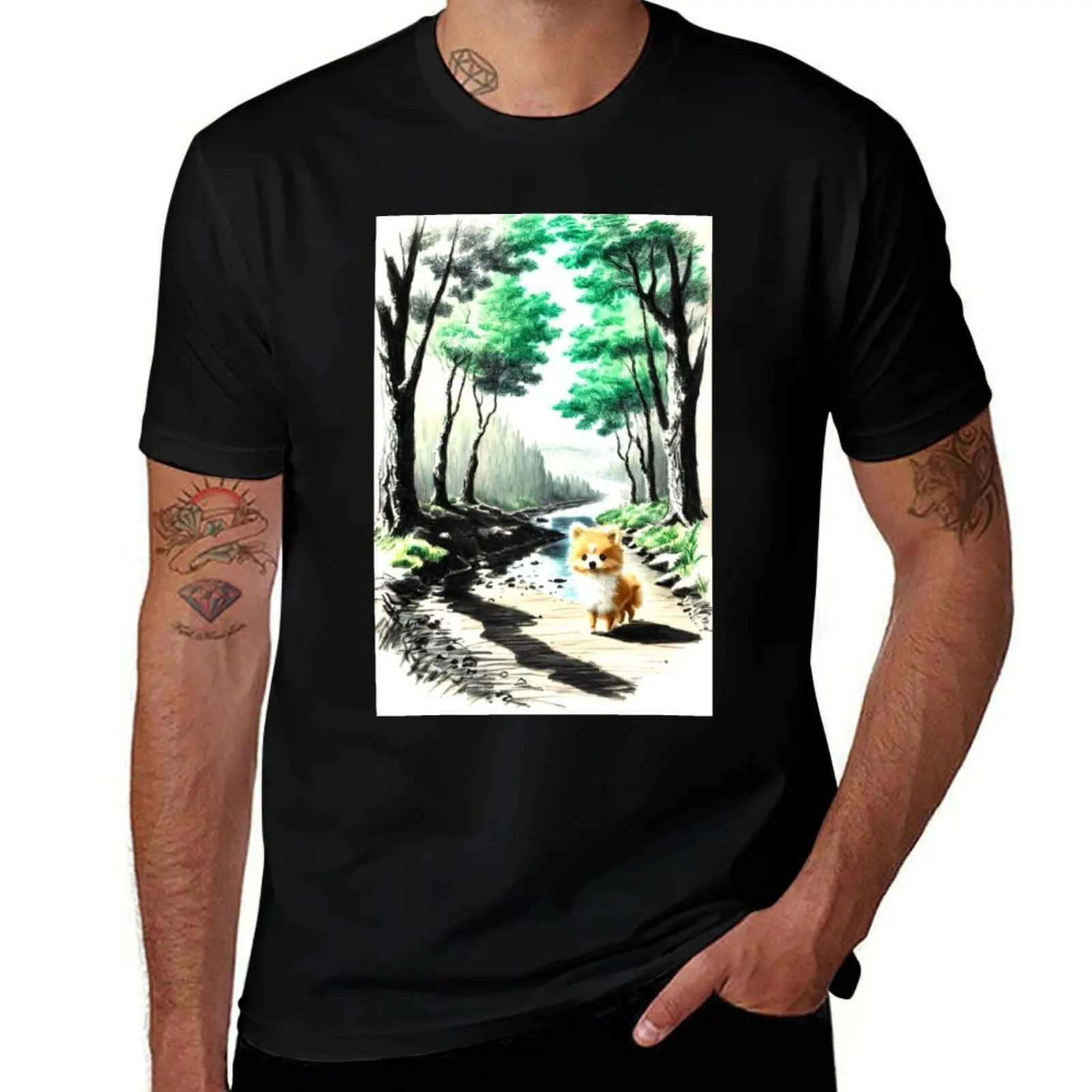 Enchanting Pomeranian Forest Trail: Colored Pencil Art Design T-Shirt Casual Minimalist Short Sleeve Top T-Shirt