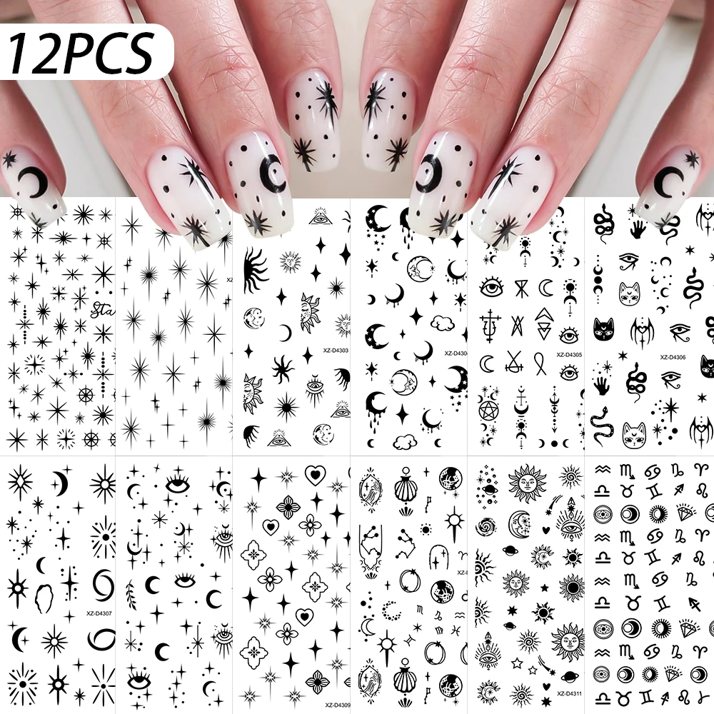 12pcs/set Cartoon Snake Cat Nail Art Sticker Black Star Moon Zodiac Sun Triangle Eyes Nail Decals 10X8cm 12sheets Manicure Decal