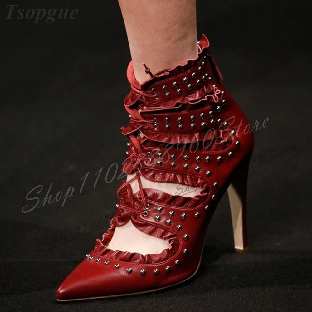 

Cross Tied Red Leather Rivet Ruffles Pumps Thin High Heel Women Shoes Back Zipper Pointed Toe 2024 Fashion Zapatos Para Mujere